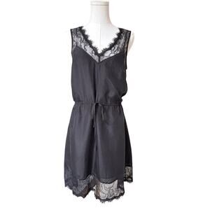 Armani Exchange Black Silk Dress With Lace Detail. Lined Sz 4 Drawstring Waist